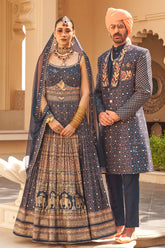 Exclusively for couple combo Blue designer outfit in pure pv silk and foil print with detailed hand mirror work